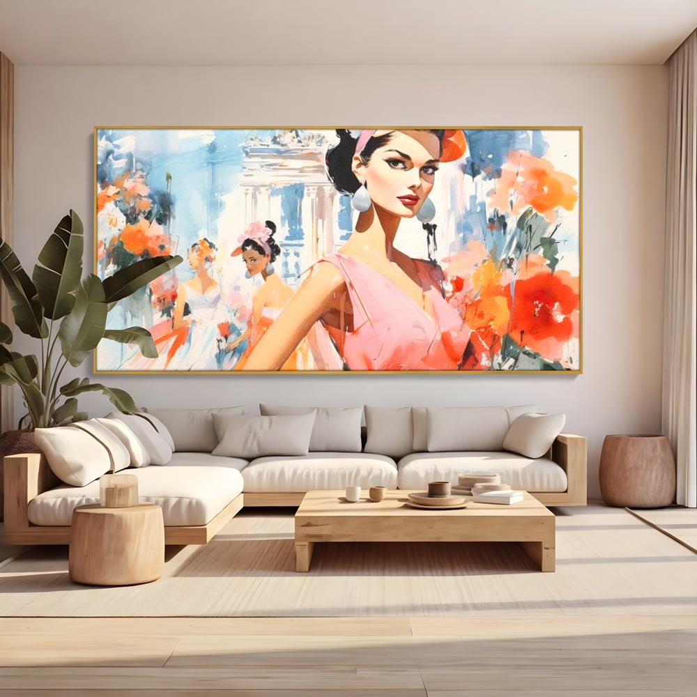 Tablou canvas cu tablou canvas cu femei la moda retro, in rama de aluminiu auriu, pe perete intr-un living